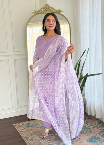 Lavender Sleeves Embroidered Kurta Set