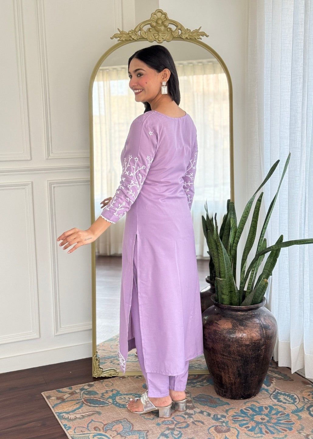 Lavender Sleeves Embroidered Kurta Set