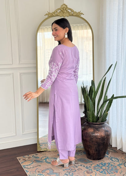 Lavender Sleeves Embroidered Kurta Set