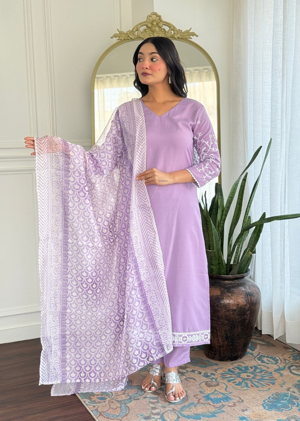 Lavender Sleeves Embroidered Kurta Set