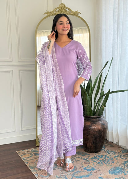 Lavender Sleeves Embroidered Kurta Set