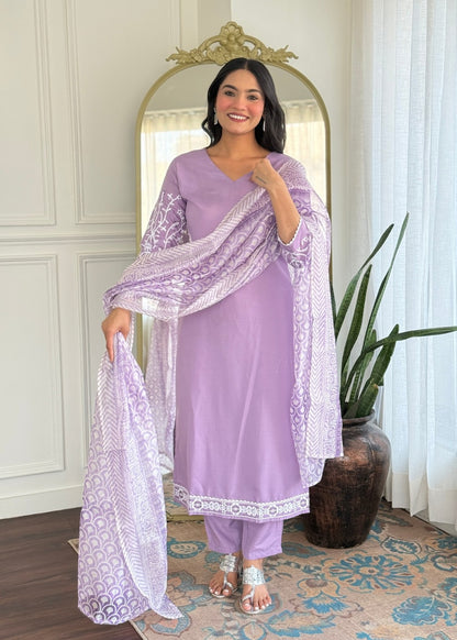 Lavender Sleeves Embroidered Kurta Set