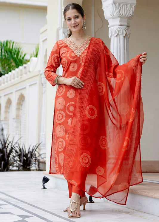 Bright Orange Printed and Embroidered Kurta Set
