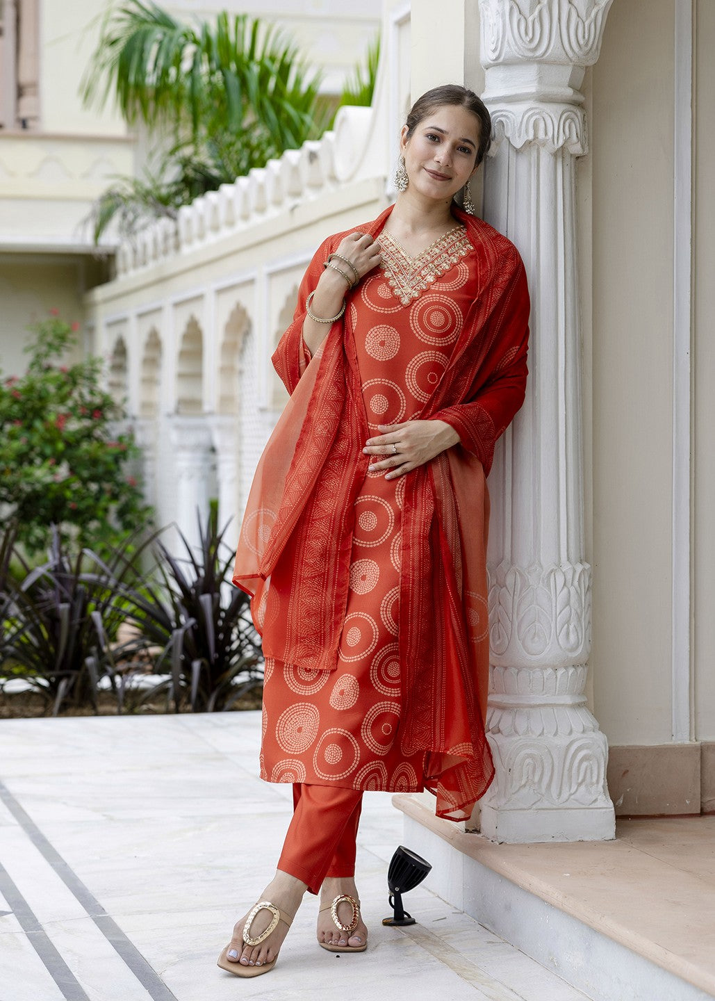 Bright Orange Printed and Embroidered Kurta Set