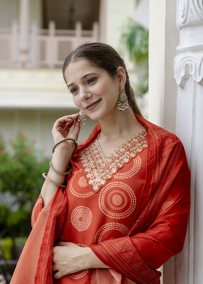 Bright Orange Printed and Embroidered Kurta Set