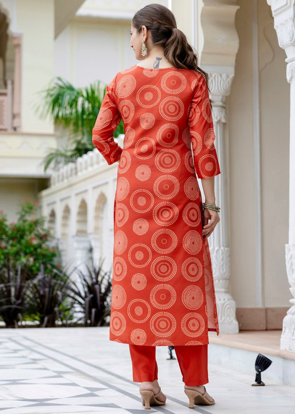 Bright Orange Printed and Embroidered Kurta Set