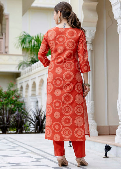 Bright Orange Printed and Embroidered Kurta Set