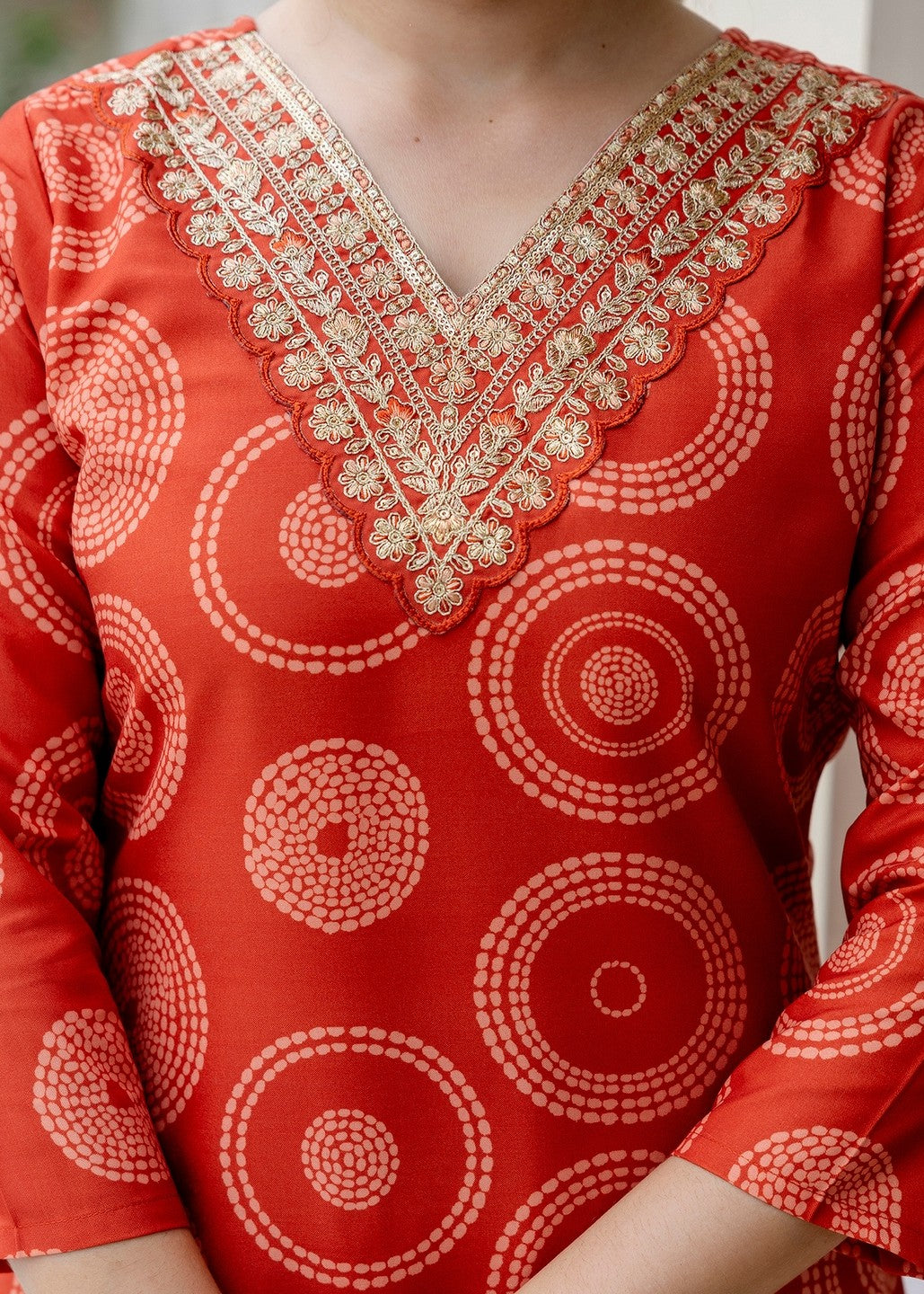 Bright Orange Printed and Embroidered Kurta Set