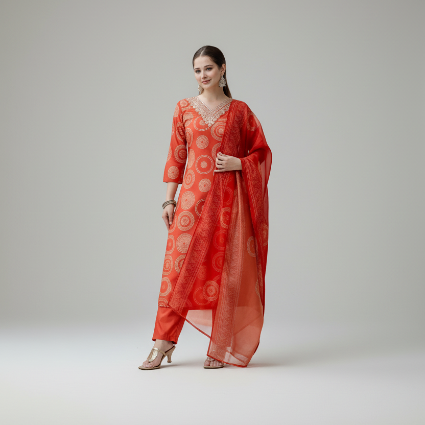 Bright Orange Printed and Embroidered Kurta Set