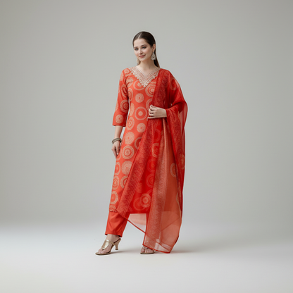 Bright Orange Printed and Embroidered Kurta Set