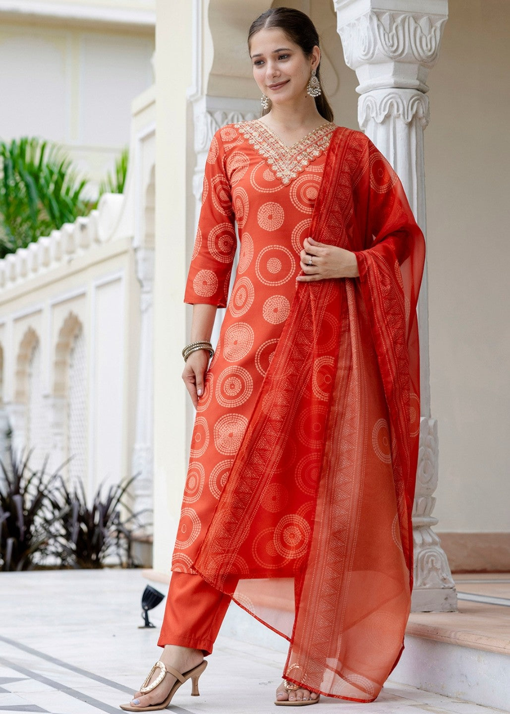 Bright Orange Printed and Embroidered Kurta Set