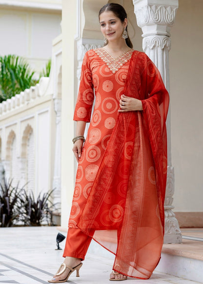 Bright Orange Printed and Embroidered Kurta Set