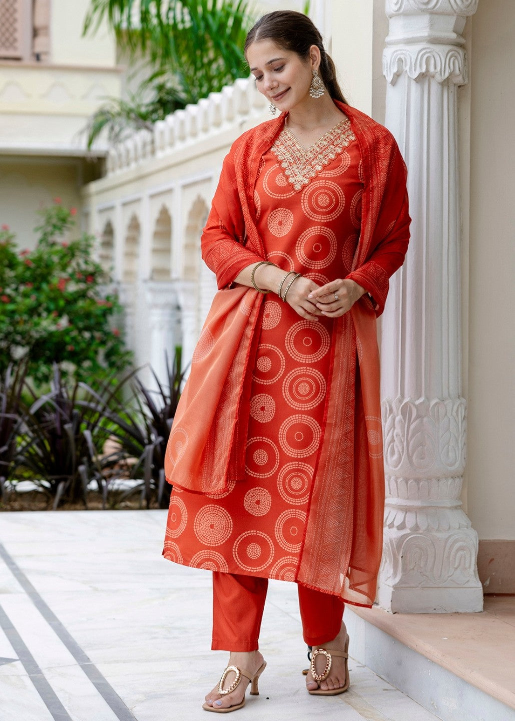 Bright Orange Printed and Embroidered Kurta Set