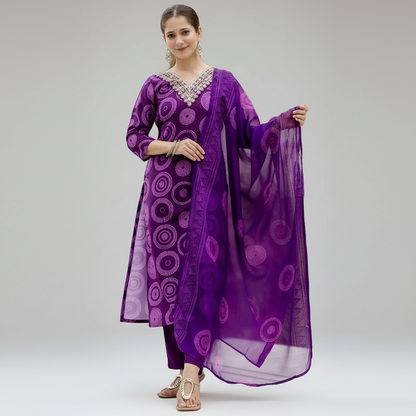 Royal Purple Printed And Embroidered Kurta Set