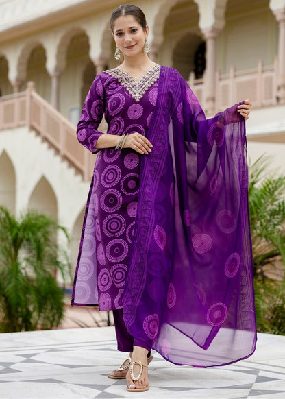 Royal Purple Printed And Embroidered Kurta Set