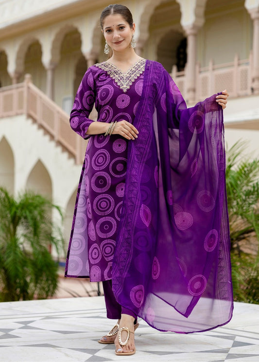 Royal Purple Printed And Embroidered Kurta Set