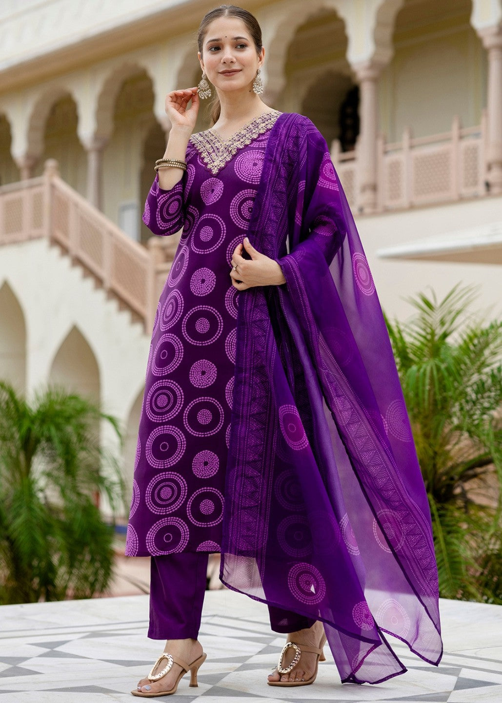 Royal Purple Printed And Embroidered Kurta Set