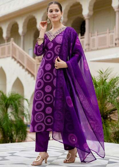 Royal Purple Printed And Embroidered Kurta Set
