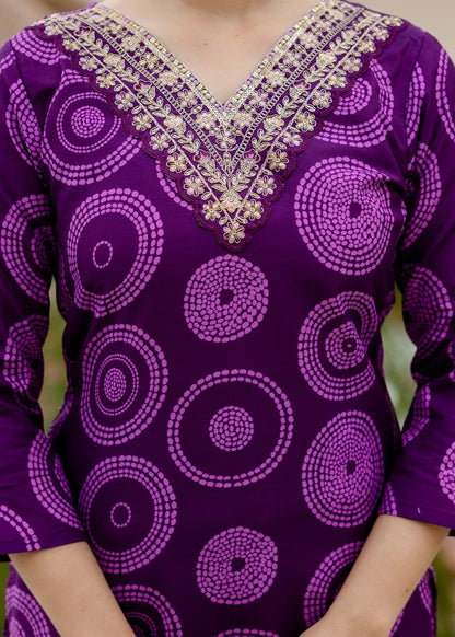Royal Purple Printed And Embroidered Kurta Set