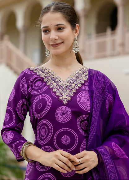 Royal Purple Printed And Embroidered Kurta Set