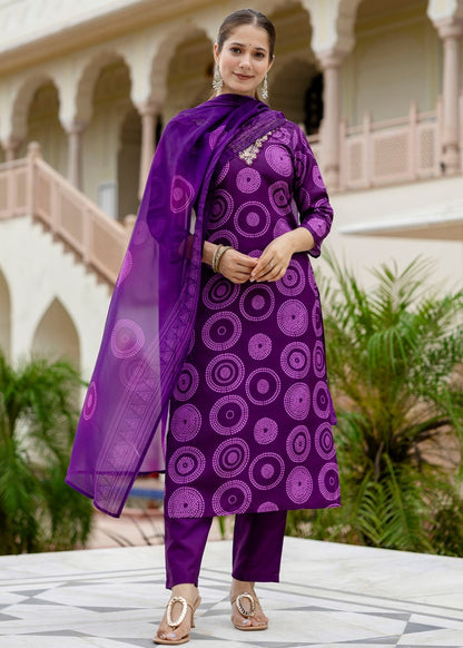 Royal Purple Printed And Embroidered Kurta Set