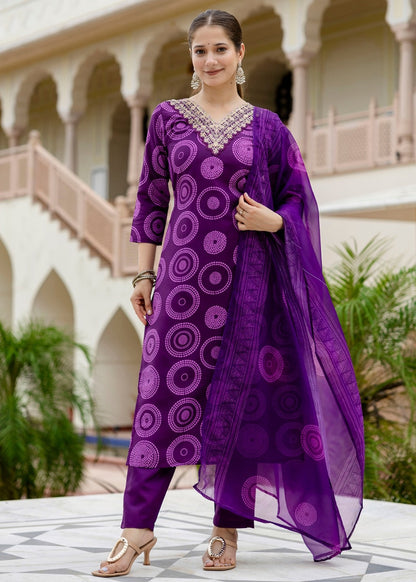 Royal Purple Printed And Embroidered Kurta Set