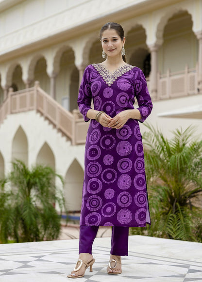 Royal Purple Printed And Embroidered Kurta Set