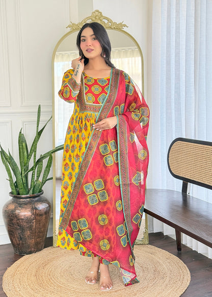 YELLOW FLORAL PRINTED COTTON KURTA PANT DUPATTA SET