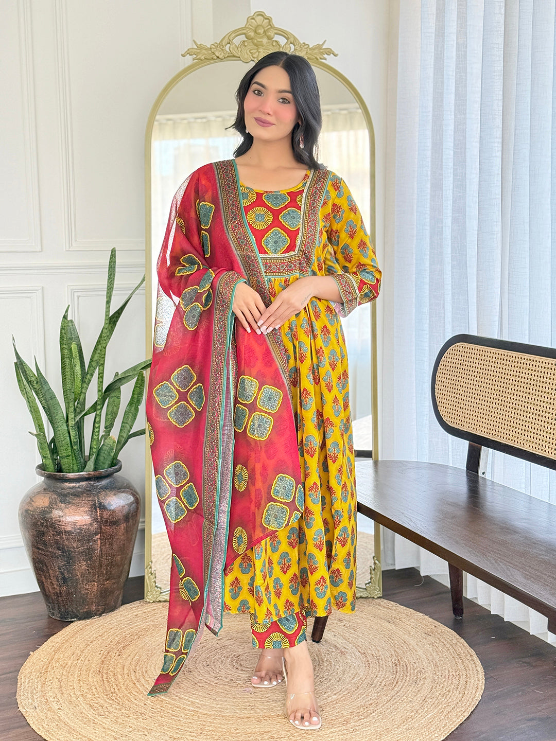 YELLOW FLORAL PRINTED COTTON KURTA PANT DUPATTA SET