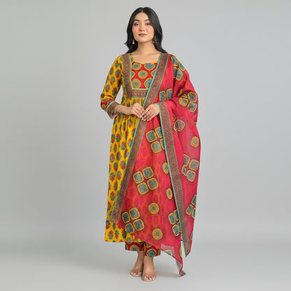 YELLOW FLORAL PRINTED COTTON KURTA PANT DUPATTA SET