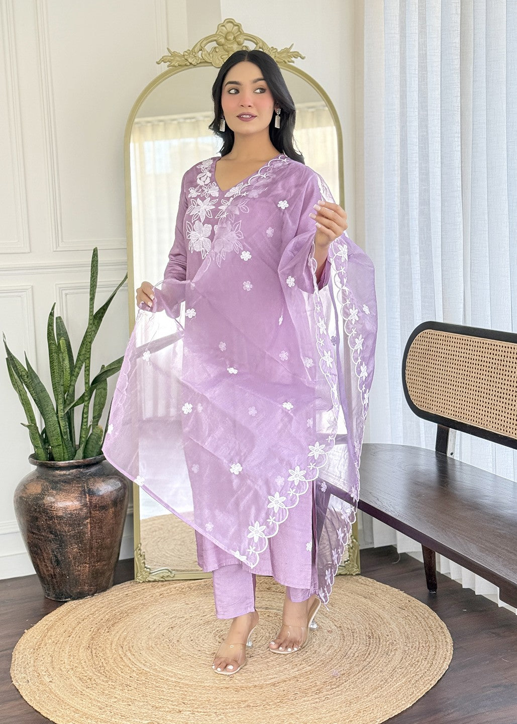 Lavender Embroidered Designer Kurta Set