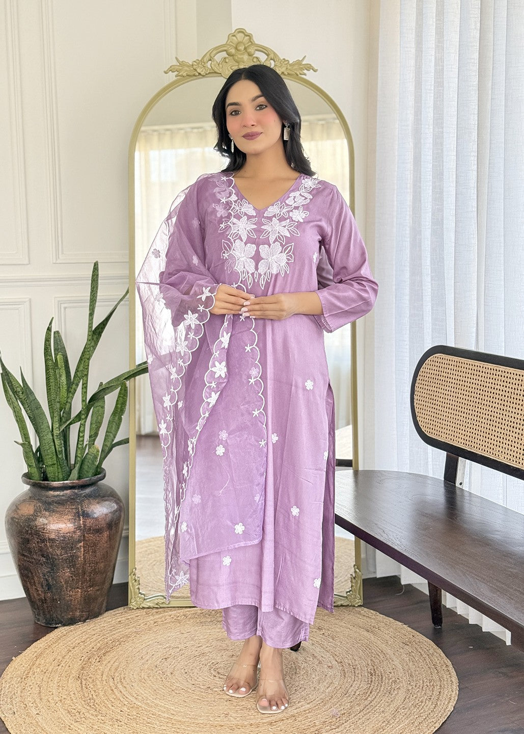 Lavender Embroidered Designer Kurta Set