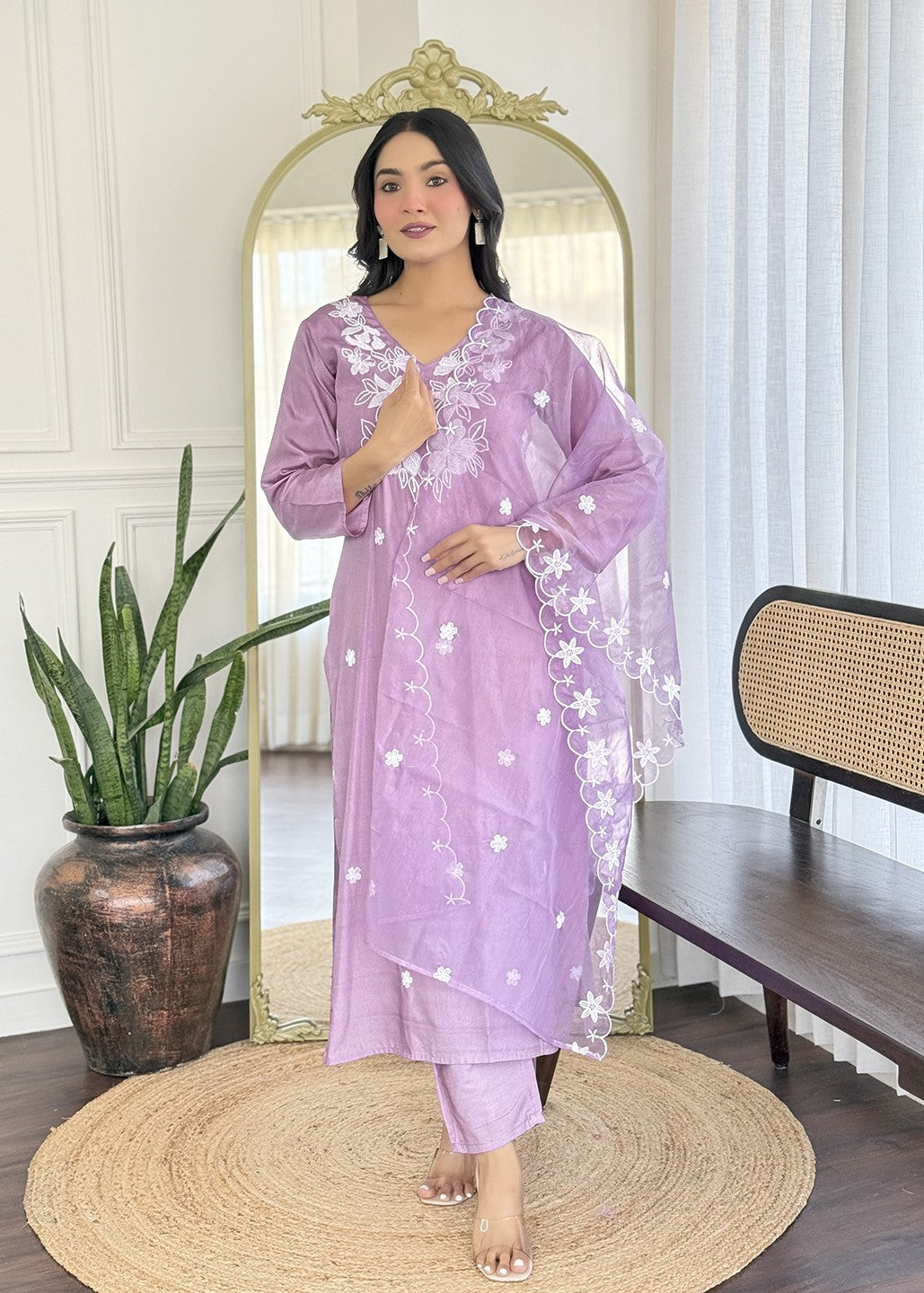 Lavender Embroidered Designer Kurta Set