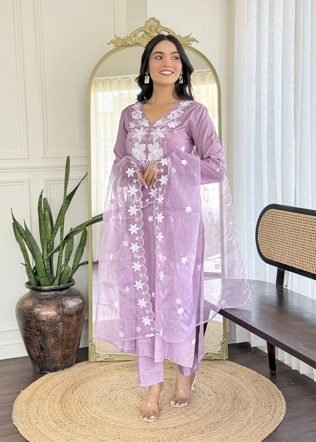 Lavender Embroidered Designer Kurta Set