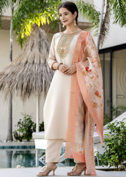 Chiku Beige Embroidered Kurta Set