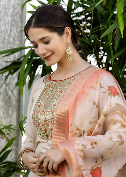 Chiku Beige Embroidered Kurta Set