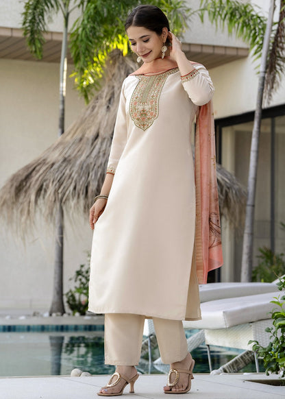 Chiku Beige Embroidered Kurta Set