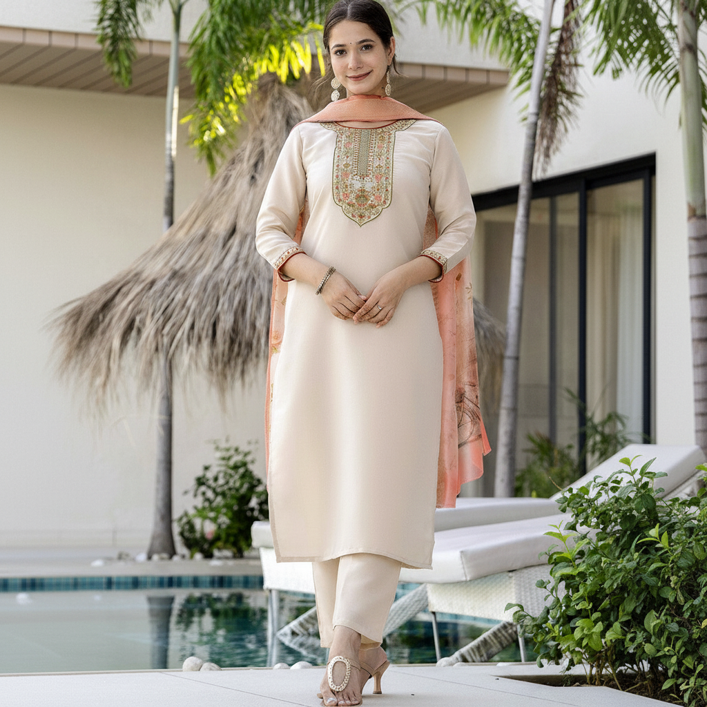 Chiku Beige Embroidered Kurta Set