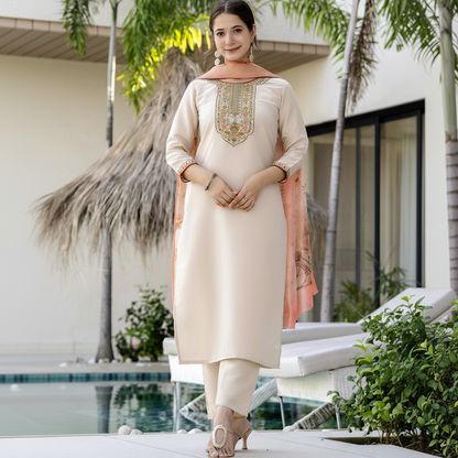 Chiku Beige Embroidered Kurta Set