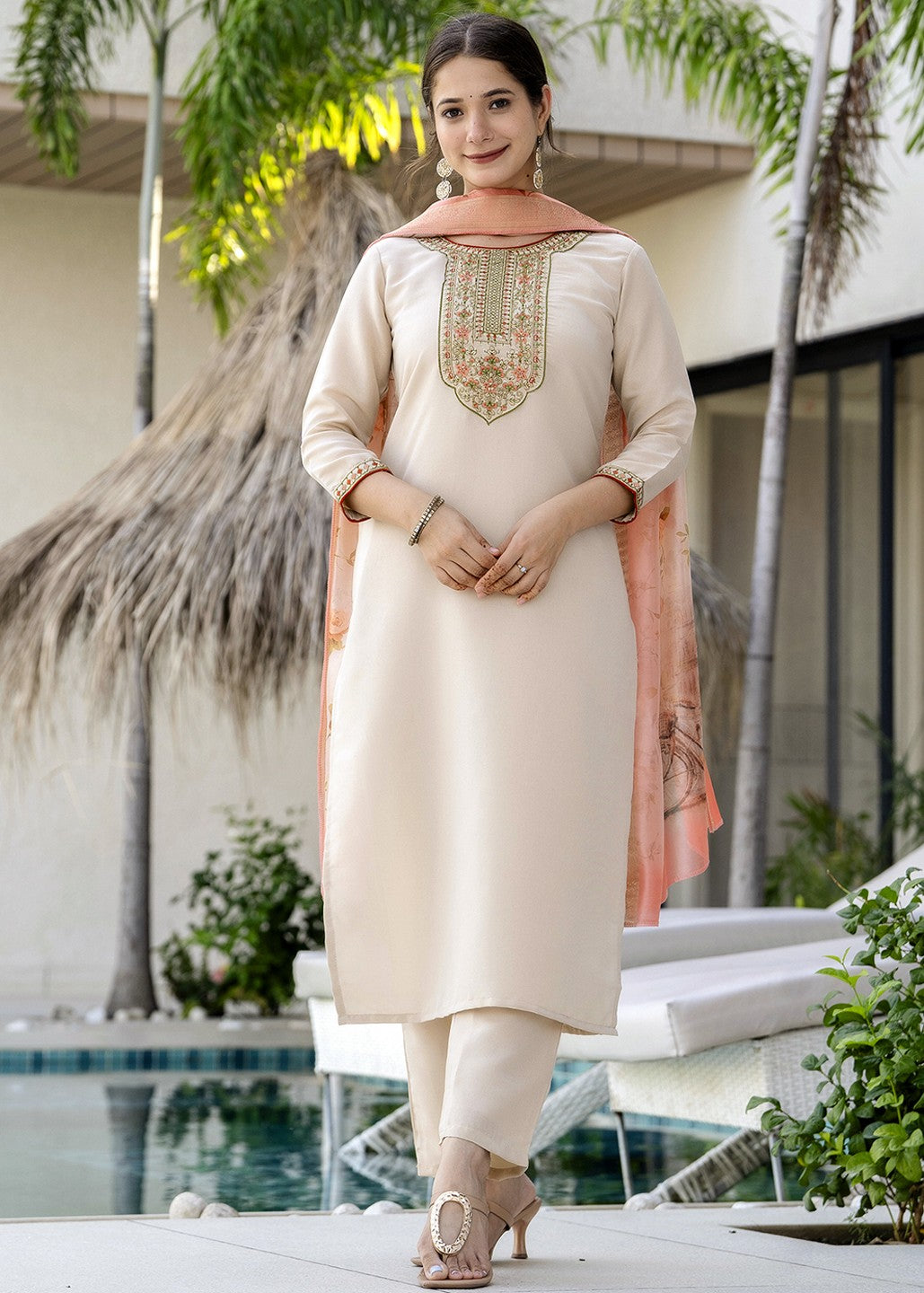 Chiku Beige Embroidered Kurta Set