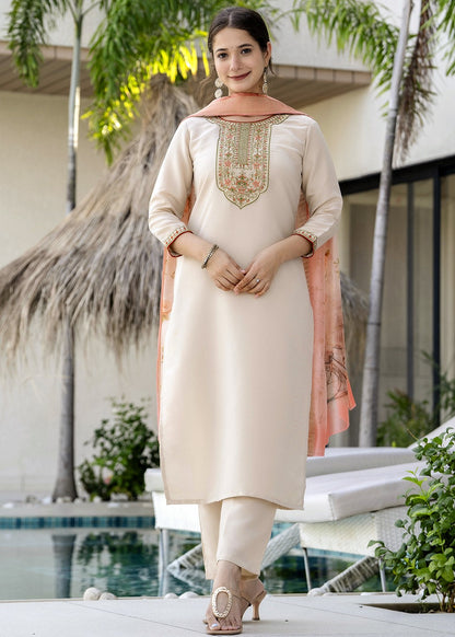 Chiku Beige Embroidered Kurta Set