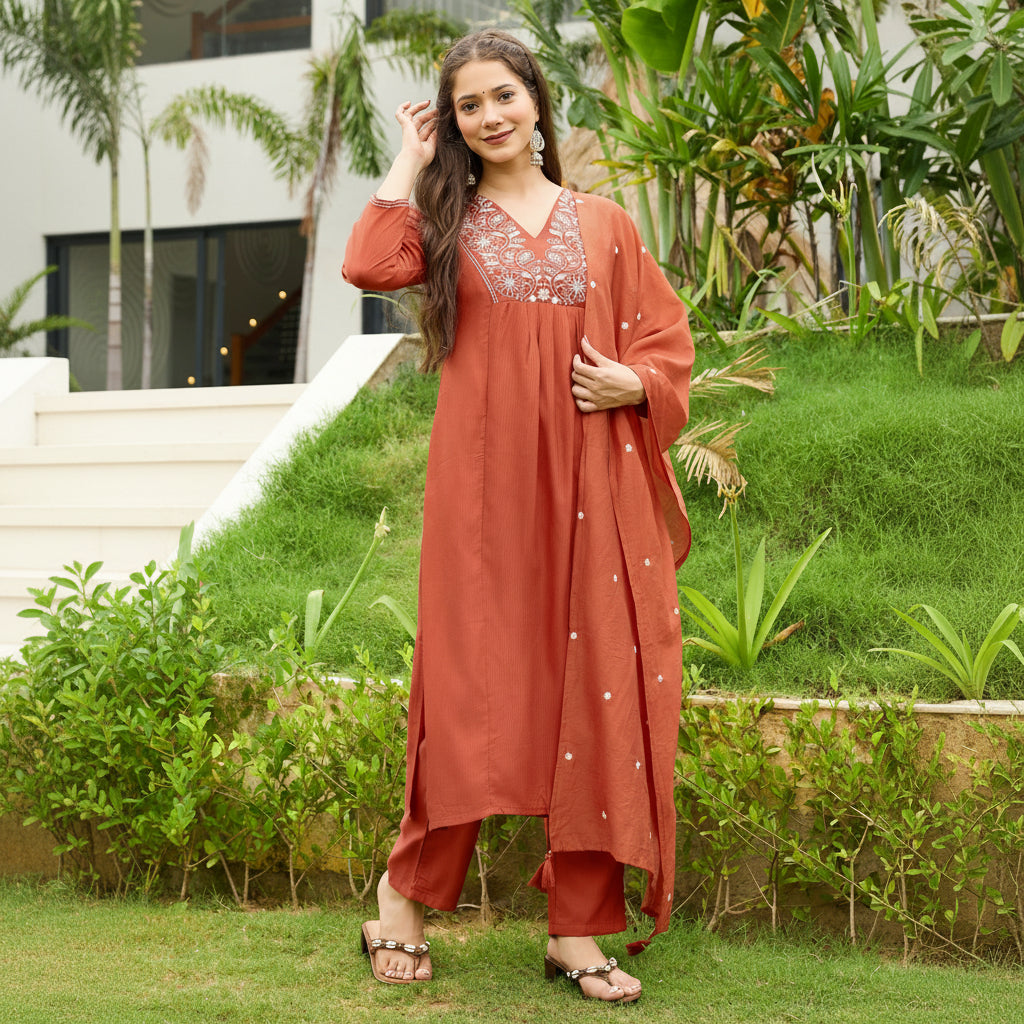 Rani Rust Embroidered Kurta Set