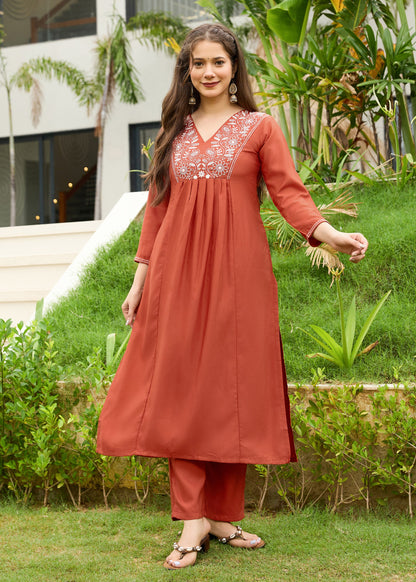 Rani Rust Embroidered Kurta Set