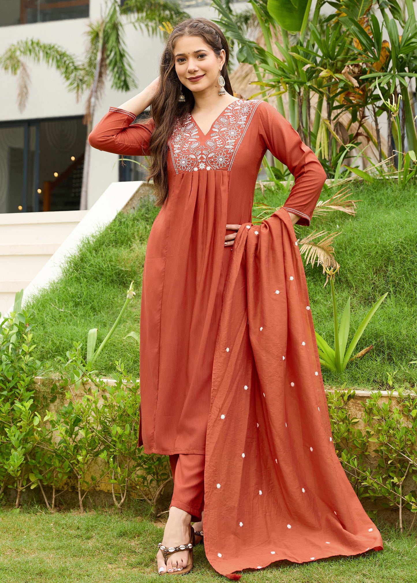 Rani Rust Embroidered Kurta Set