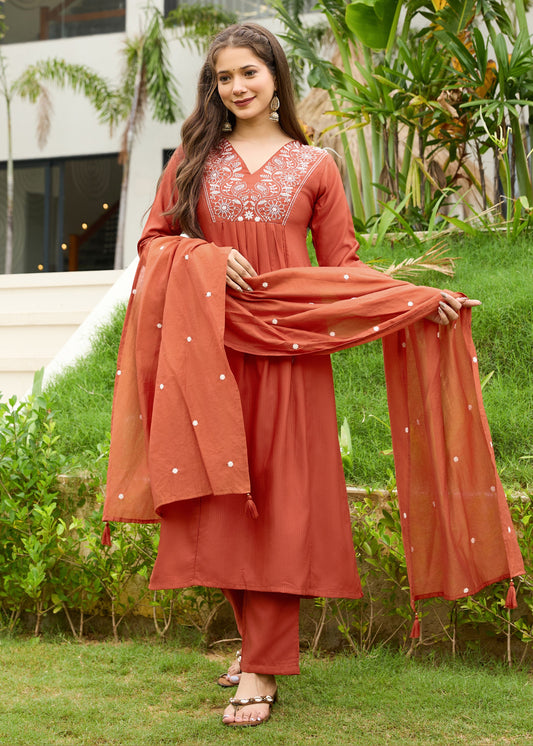 Rani Rust Embroidered Kurta Set