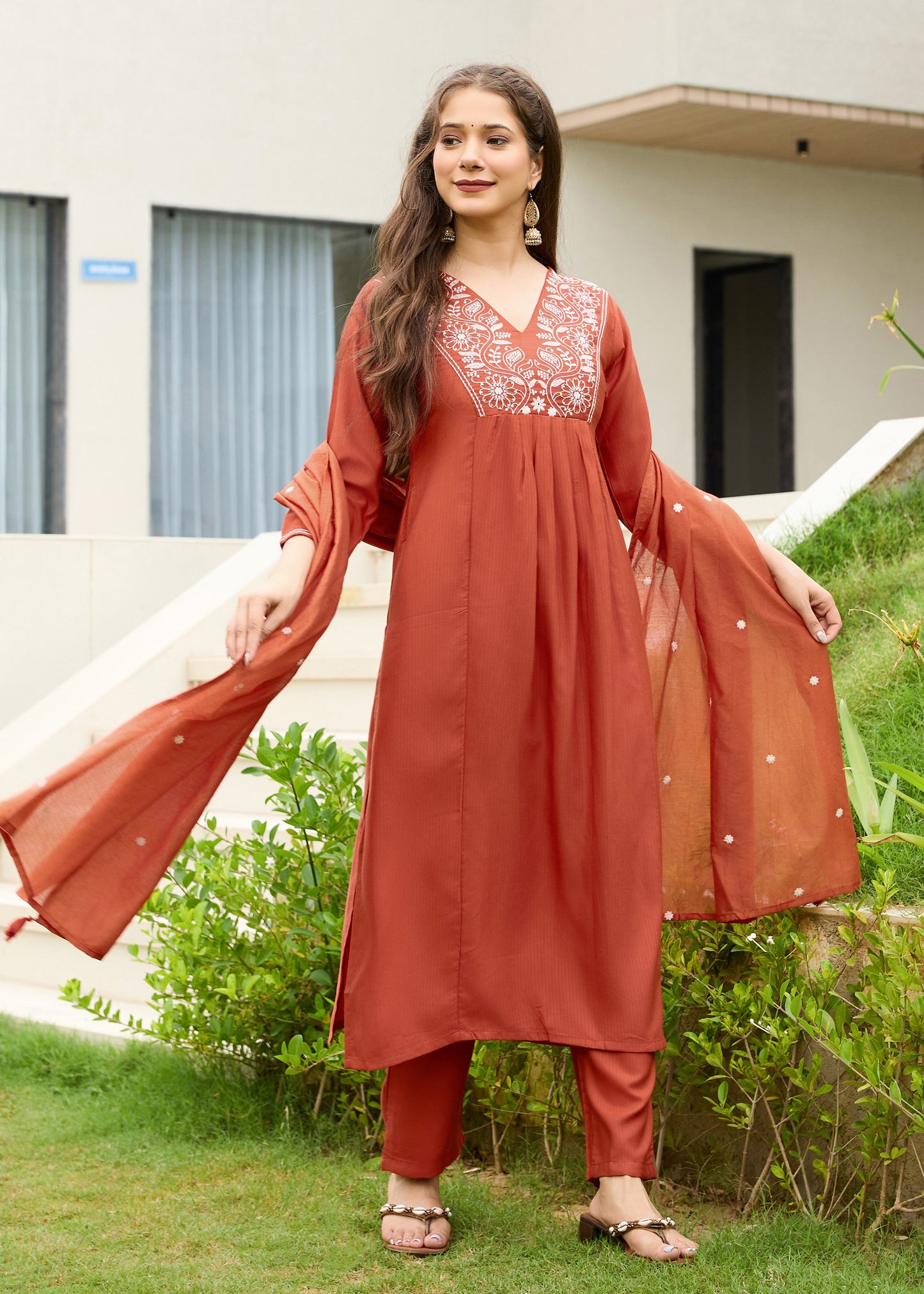 Rani Rust Embroidered Kurta Set