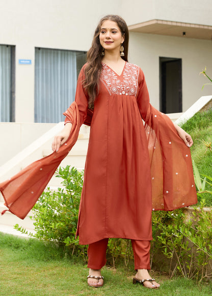 Rani Rust Embroidered Kurta Set