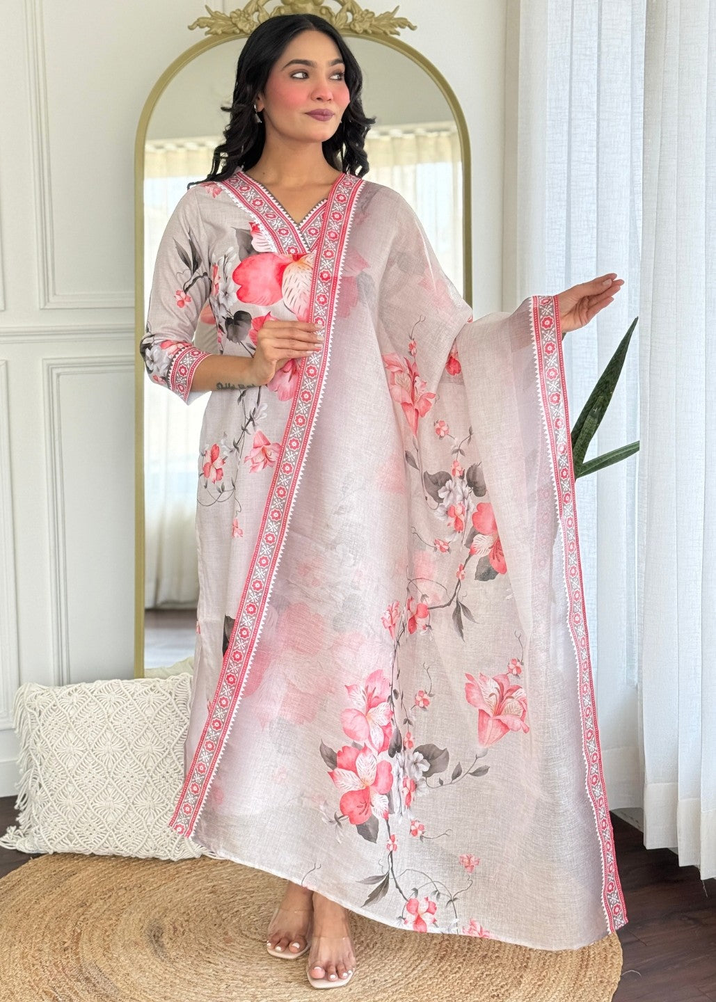 Cream Floral Designer Kurta Set