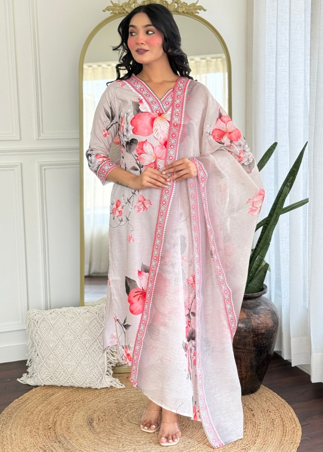 Cream Floral Designer Kurta Set