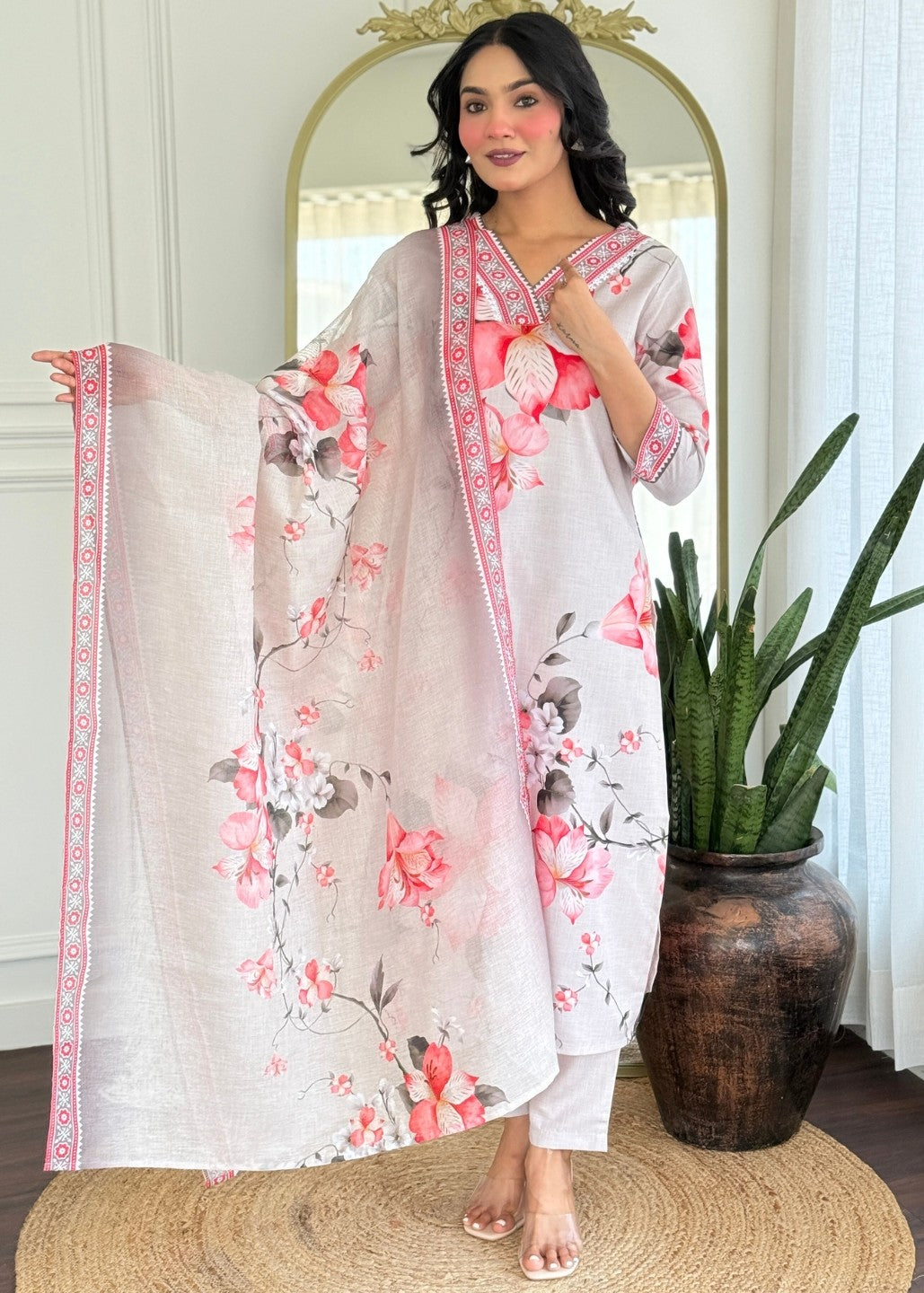 Cream Floral Designer Kurta Set